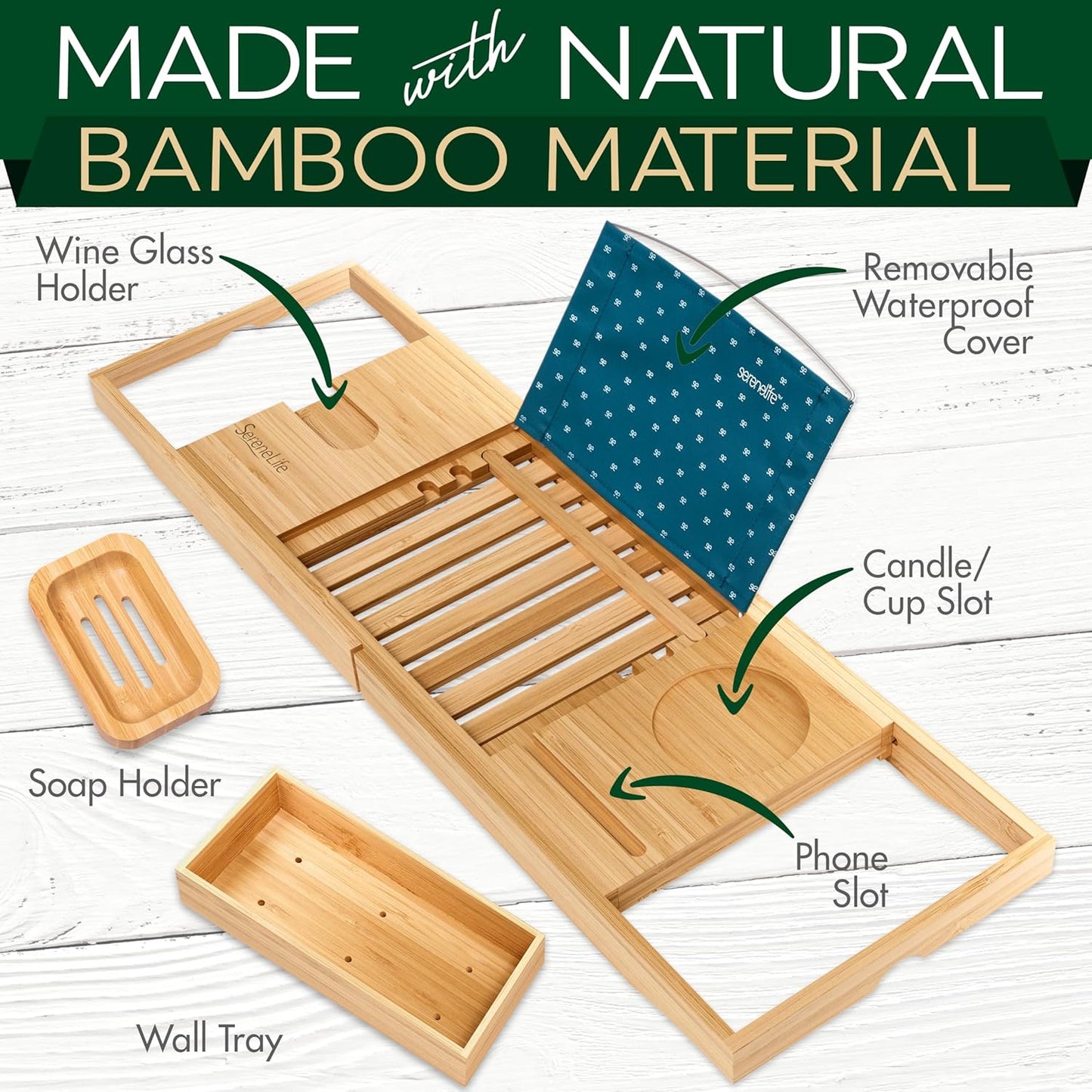 SereneLife Bathtub Tray - Expandable Bath Tray for Tub, Adjustable Bamboo Caddy with with Non-Slip Handles, Device Holder and Wine Glass Slot for Bathing Luxury (Standard, Soft Back, Gift Set)
