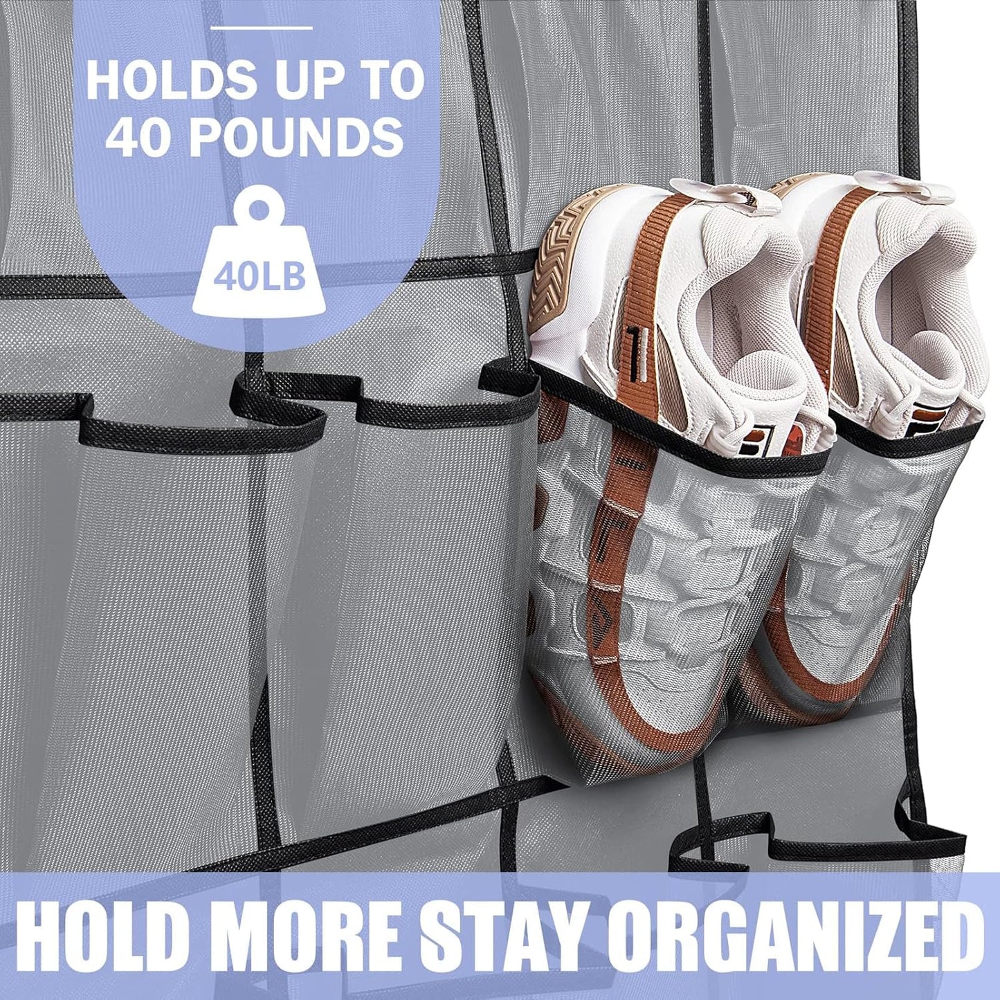 Over the Door Shoe Organizers 35 Mesh Pockets Hanging Shoe Organizer Shoe Rack for Closet Entryway Bedroom Bathroom Pantry Shoe Holder for Sneakers, High Heeled Shoes, Flip Flops (Gray 67.7” × 26.4”)