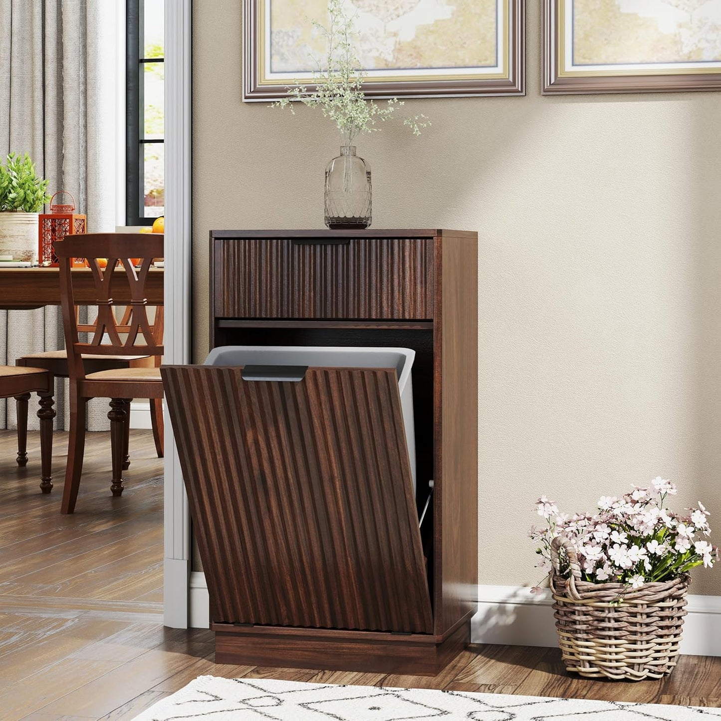 Tilt-Out Trash Cabinet with 10-Gallon Capacity, Walnut Laundry Hamper Cabinet, 34.3 x 19 x 13.8 inches, Wave-Textured Front.