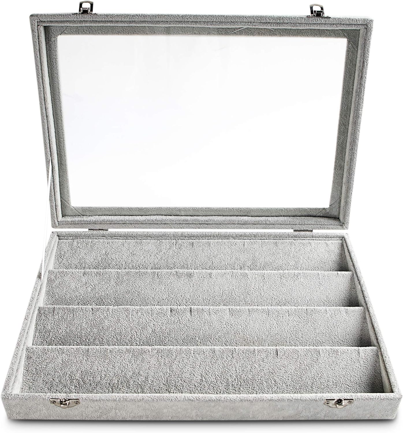 Frebeauty Earring Organizer Tray with Clear Lid 64 Slots Velvet Drawer Insert Earring Storage box with Transparent Glass lid Jewelry Display Case with lock Gifts for Girls Women (Grey, Earrings)
