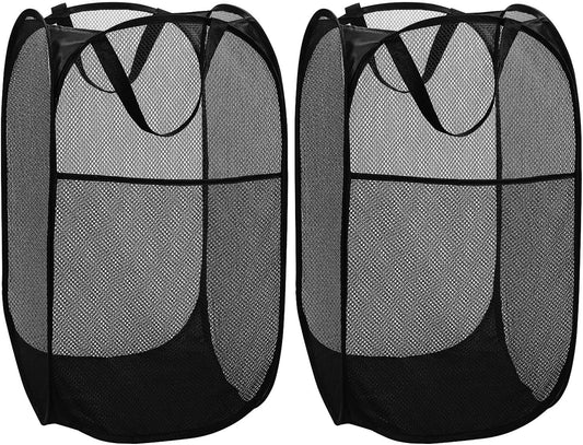 BATTOO Deluxe Strong Mesh Pop up Laundry Hamper Basket with Side Pocket Foldable Hamper for Laundry Room, Bathroom, Kids Room, College Dorm or Travel Black + Black