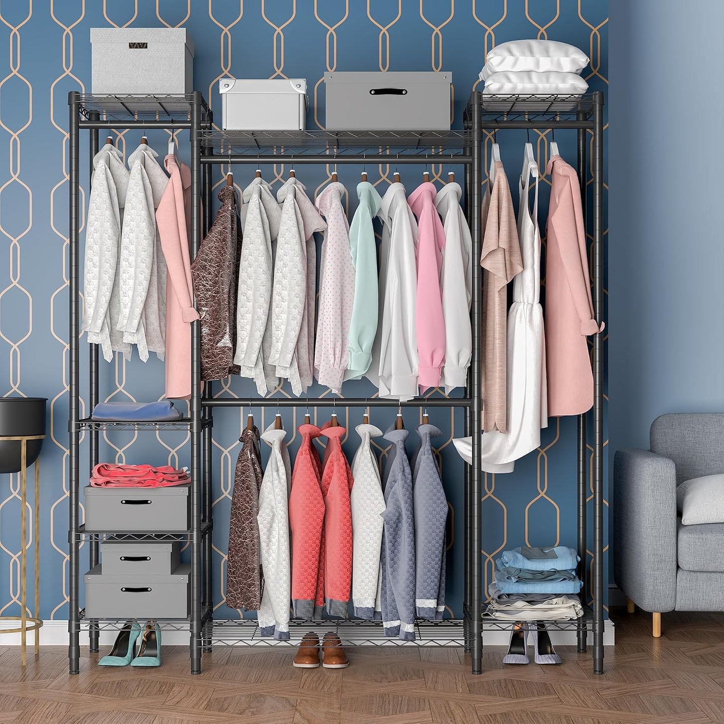 Garment Rack Heavy Duty Clothes Rack for Hanging Clothes,Metal Garment Rack,Freestanding Clothing Rack,Adjustable Custom Closet Rack,54" L x 13.8" W x 75.8" H, Max Load 750LBS,Black
