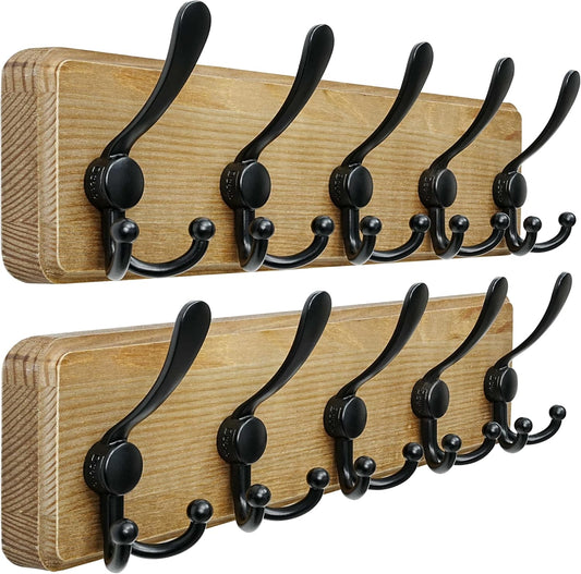 Dseap Coat Rack Wall Mount - Heavy-Duty Robust Barnwood-Style Wooden Wall Coat Hanger Hook Rail with 5 Triple Hooks for Winter Coats Hat Jacket Clothing, Weathered Brown & Black, Pack of 2