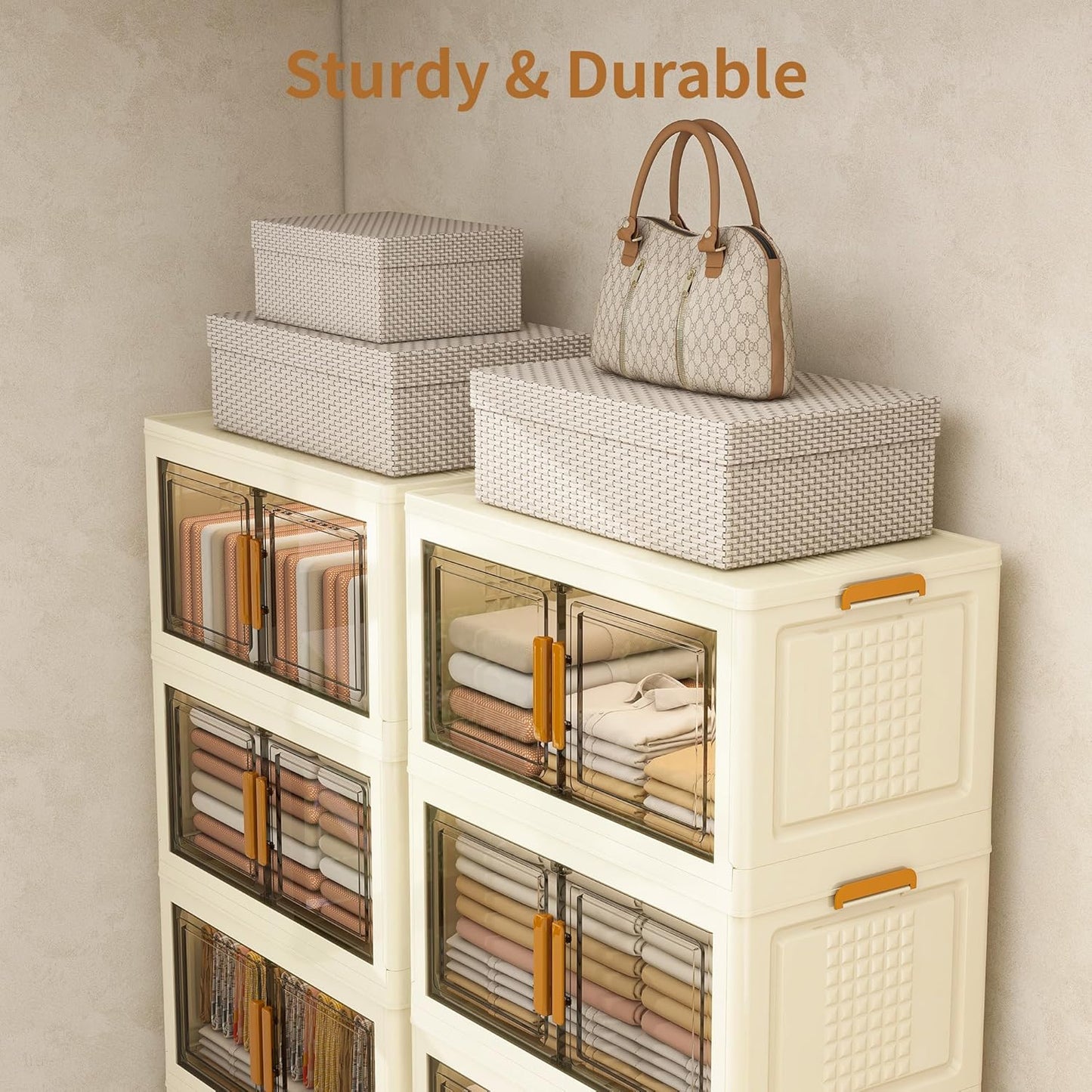 Plastic Stackable Storage Bins with 2 Lids and Wheels, Foldable Closet Organizers and Storage Containers, Collapsible Clear Drawer Storage Cabinet with Doors Ivory White 912 QT