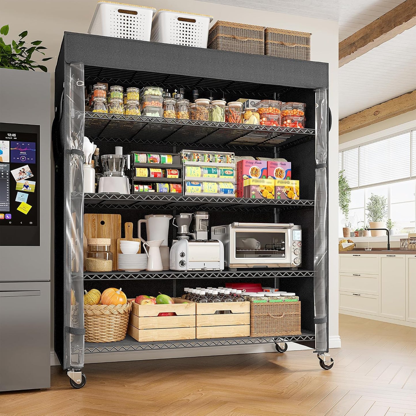 REIBII 45''W Storage Shelves Waterproof Metal Shelving with Cover Dustproof, Wire Shelving Unit Covers & Wheels Garage Storage Rack Wire Shelf for Kitchen Pantry, Storage Room, 45Wx17.72Dx72.83H