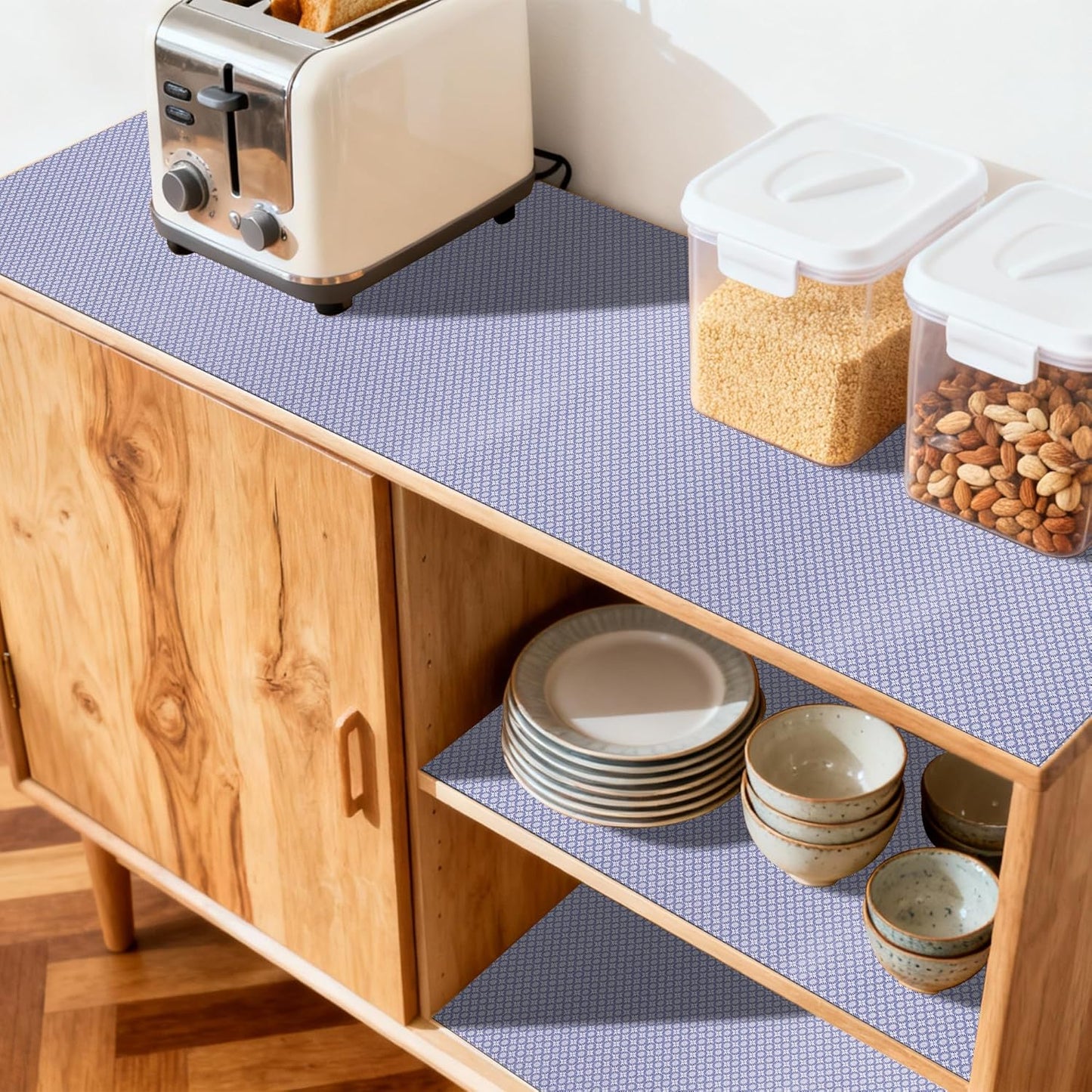 FIFTY FEET 12"x120" Non-Adhesive Shelf Liner for Kitchen Cabinets and Drawers, Washable Non-Slip PVC Cabinet Liner (Blue Circle)(1 Roll)