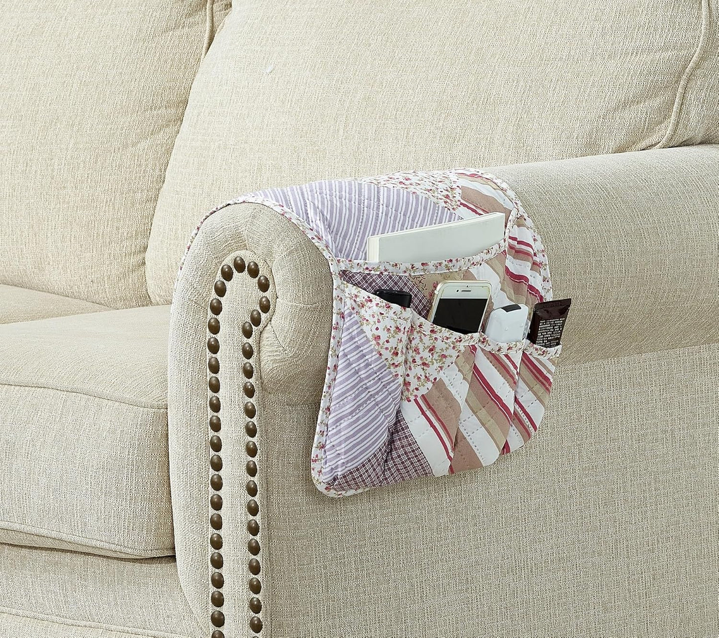 Brilliant Sunshine Pink Rosette and Stripes Patchwork Couch Armrest 5 Pockets Organizer, Slip Resistant Armchair Caddy, Washable Remote Controls Holder, Storage for Magazine, Tablet, Phone, iPad, Rose