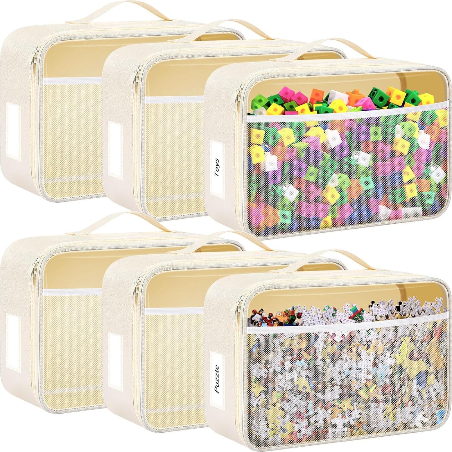 Abbylike 6 Pack Toy Storage Bag Bricks Building Set Car Toy Organization Bags for Traveling Carrying Case, Storage Organizer Puzzles(White)