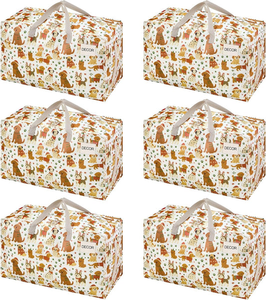VENO 6 Pack Moving Bags and Large Christmas Decoration Storage Bins with lids. Alternative to Moving Boxes, Packing Supplies for College. Heavy Duty Totes (Holiday Pups, 6 Pack)
