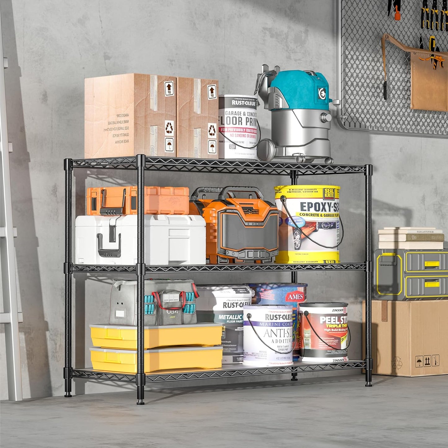 3-Shelf Adjustable Storage Shelves 36" W x 14" D x 36" H Metal Shelving Unit Heavy Duty Wire Rack Small Organizer with 3 Shelf Liners for Kitchen Pantry Bathroom Laundry Closet Garage Black