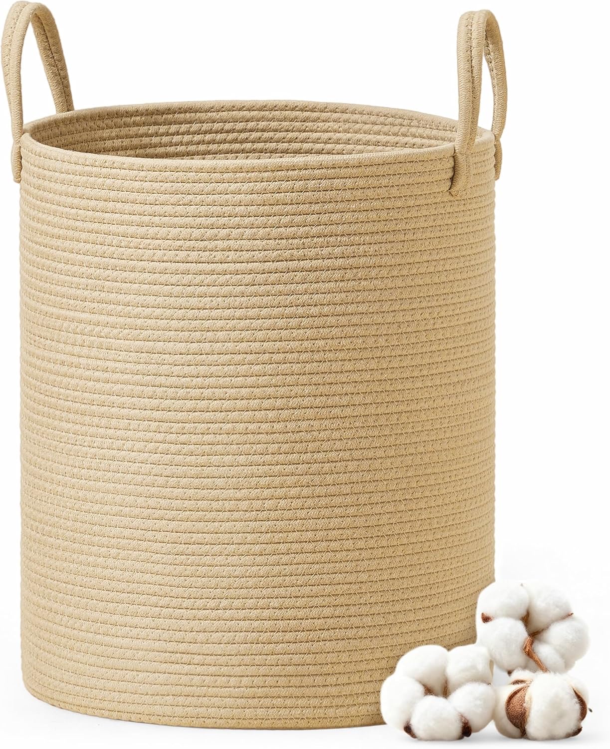 SONGMICS Laundry Hamper, Cotton Rope Laundry Basket with Handles, for Children, Toys, Clothing, Living Room, Bedroom, 15.8 Gallons, 13.8 x 13.8 x 19.7 Inches, Yellowish Brown URLH061KZ01