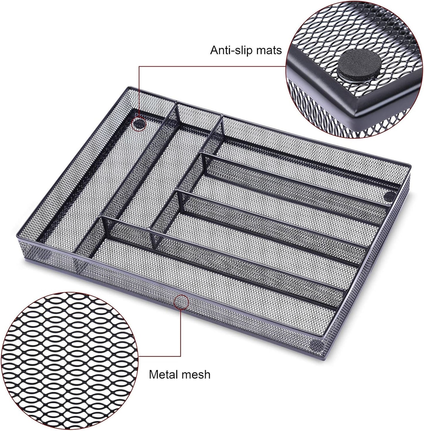 WuGeShop Desk Drawer Organizer with 6 Compartments, Mesh Drawer Organizer Tray for Stationery, Office Supplies Desktop Storage, Black