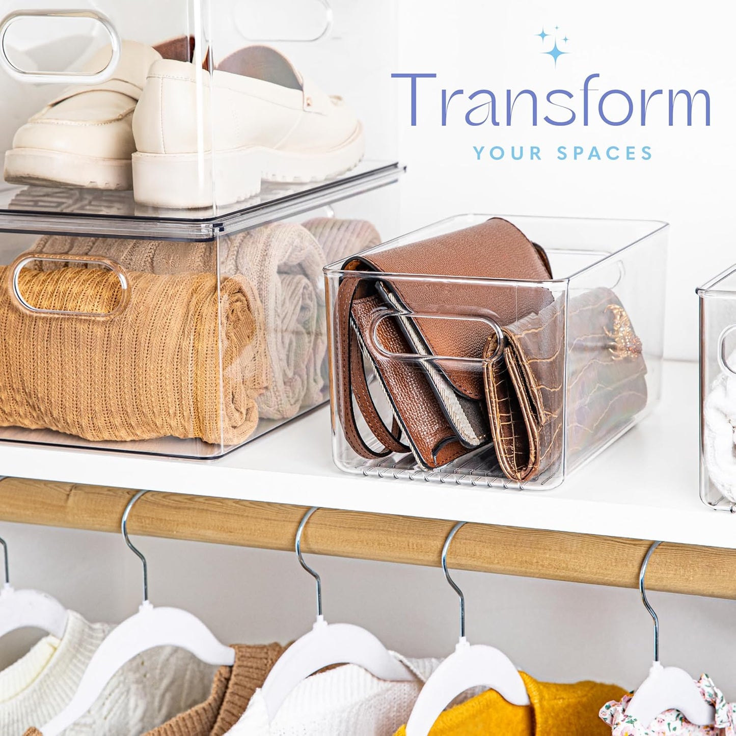 primebox Plastic Food Storage 4 Pack Clear Container Bin with Handles for Organizing Kitchen, Pantry, Fridge, Freezer, Pantry,Bathroom. 10"x6"x5"