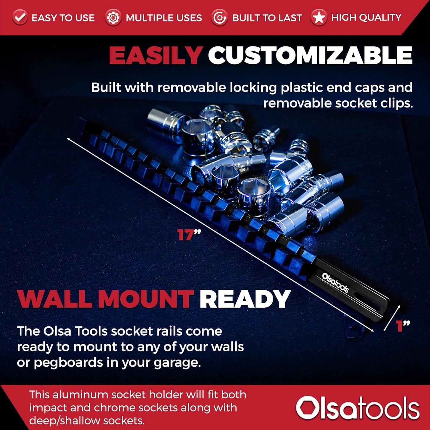 Olsa Tools 1/2-Inch Drive Aluminum Socket Organizer with Locking End Caps | Professional Quality Socket Holder (BLACK)
