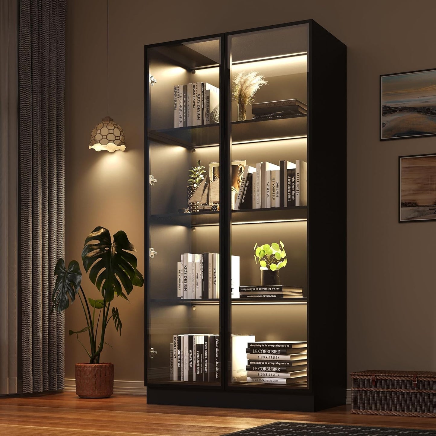 Wooden Display Storage Cabinet with Glass Door, LED Lights,Showcase for Collections, Perfume, Vinyl Albums, Bookcase for Home Office, Living Room, Clinic, Pantry (Black- 4 Layers)
