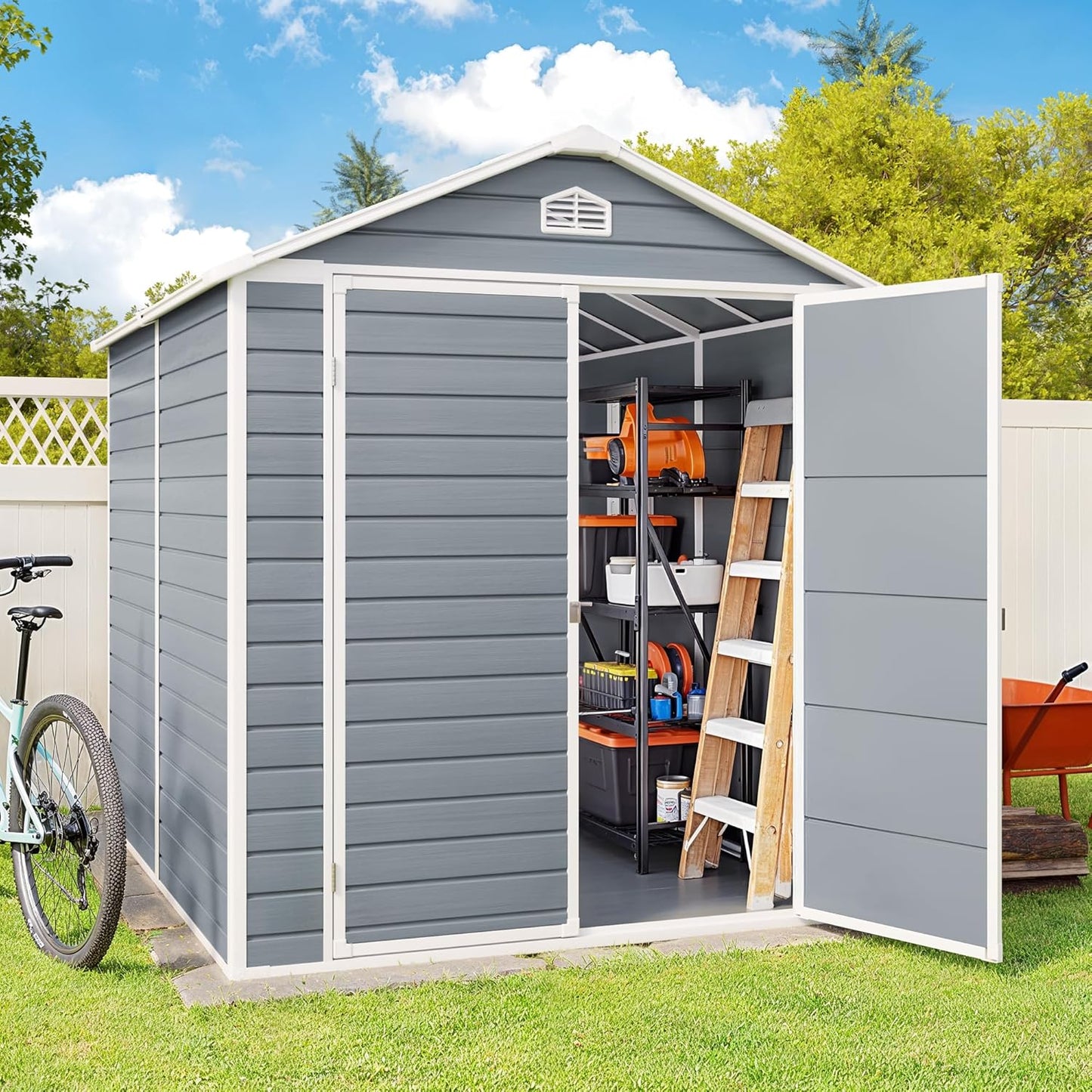 Gizoon 8x6 FT Outdoor Plastic Storage Shed with Reinforced Steel Frame, All-Weather Waterproof Resin Construction, Lockable Doors, Included Floor and Window for Backyard, Garden, Patio