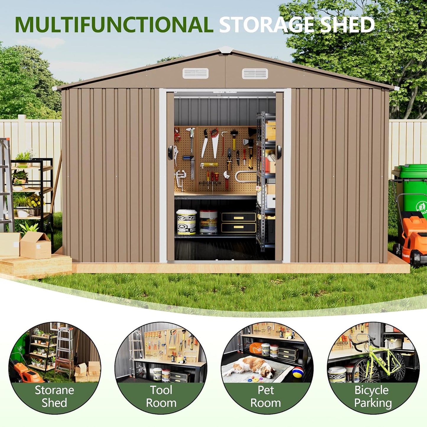10x8FT Outdoor Storage Shed with Floor & Lockable Sliding Doors,Metal Storage Shed with 1 Air Vents,Waterproof Garden Shed for Backyard,Patio, Lawn,(Brown,Base Included)