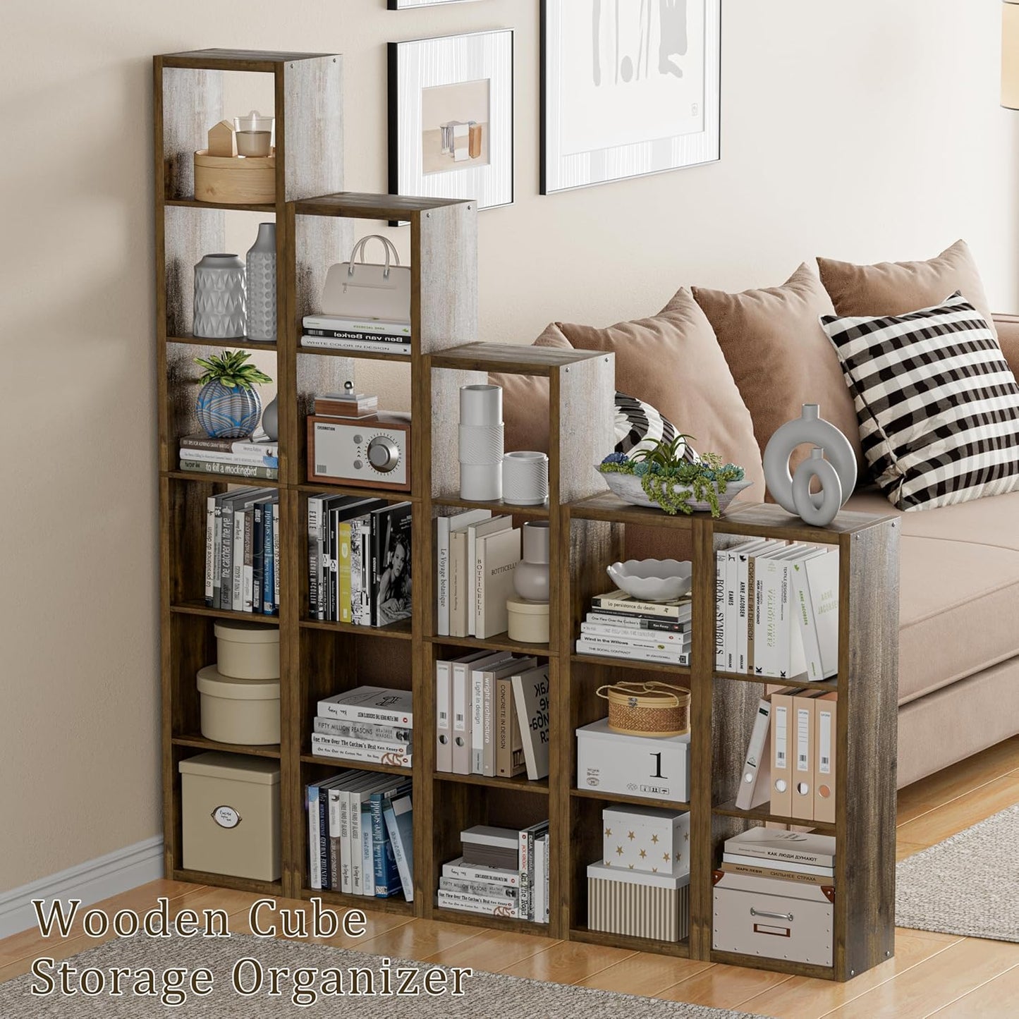 Cube Storage Organizer Bookcase, Small 4 Tier 11 inch Open Back Cubical Shelf with Thickened Border, Display Bookshelf for Living Room, Home Office, Sturdy Room (Brown, 4 Cube,Vertical)