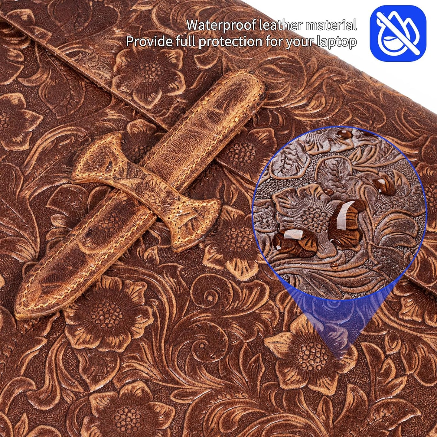 Genuine Leather Laptop Sleeve,Compatible with MacBook Pro 14 Inch M4 M3 M2 M1 Pro/Max Cover,Vintage Protective Computer Case with Floral Pattern,Buckle Brown