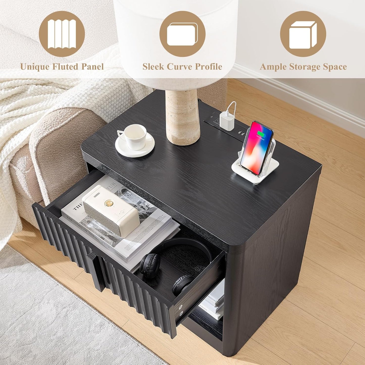 Fluted Nightstand Set of 2 with Charging Station, 23.6" End Table with Open Shelf and Drawers Storage, Bedside Table with Solid Wood Handle, Curved Profile Design, Night Stand for Bedroom
