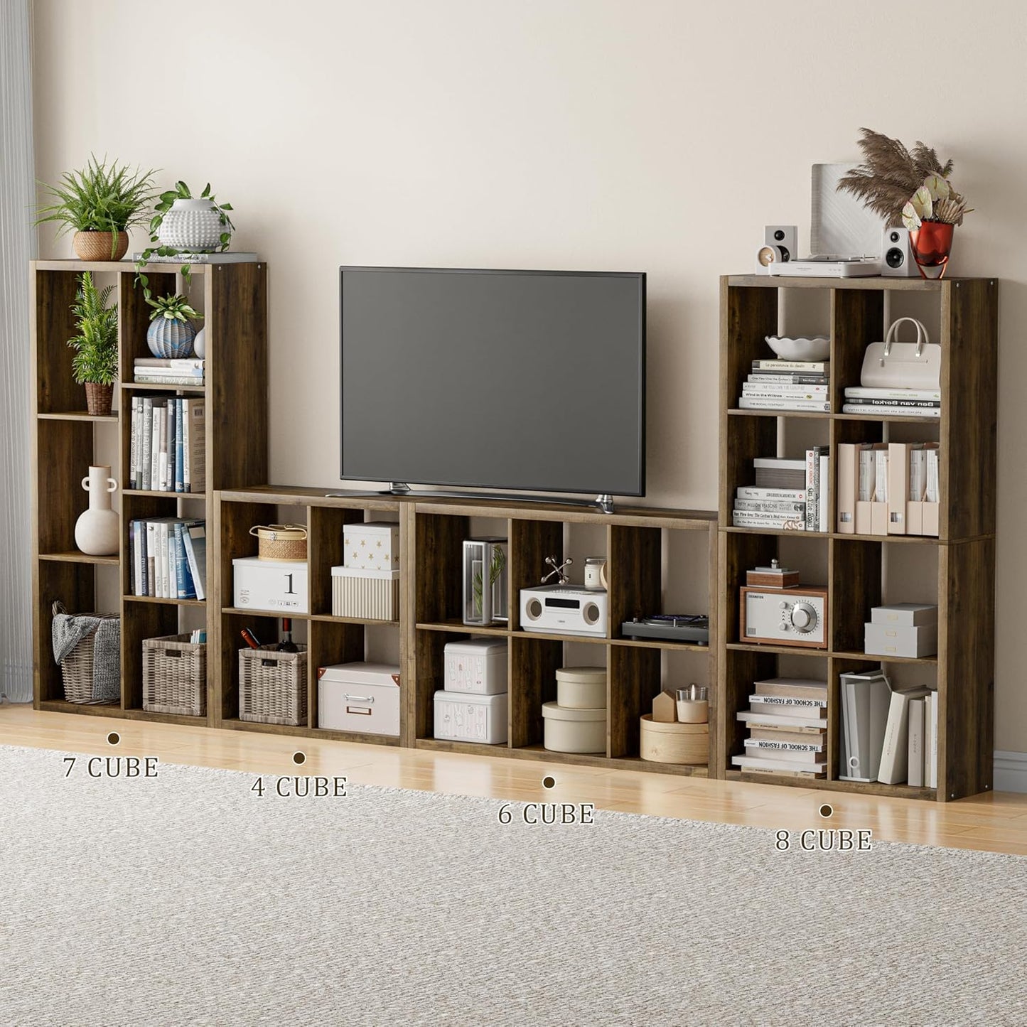 Cube Storage Organizer Bookcase, Decorative 11 inch Open Back Cubical Shelf with Thickened Border, Display Bookshelf for Living Room, Home Office, Sturdy Room (Brown, 7 Cube)