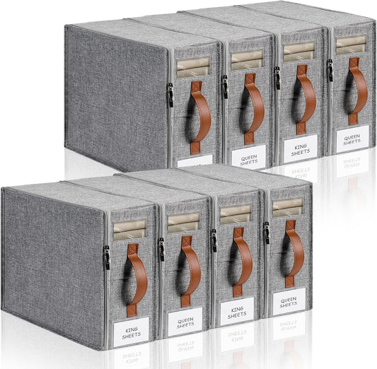 8pack Bed Sheet Organizer, Foldable Linen Closet Organizers and Storage with Sealed Design, Queen & King Size Sheet Storage with Window, Closet Organizer for Bedsheets/Blankets/Clothes, Linen