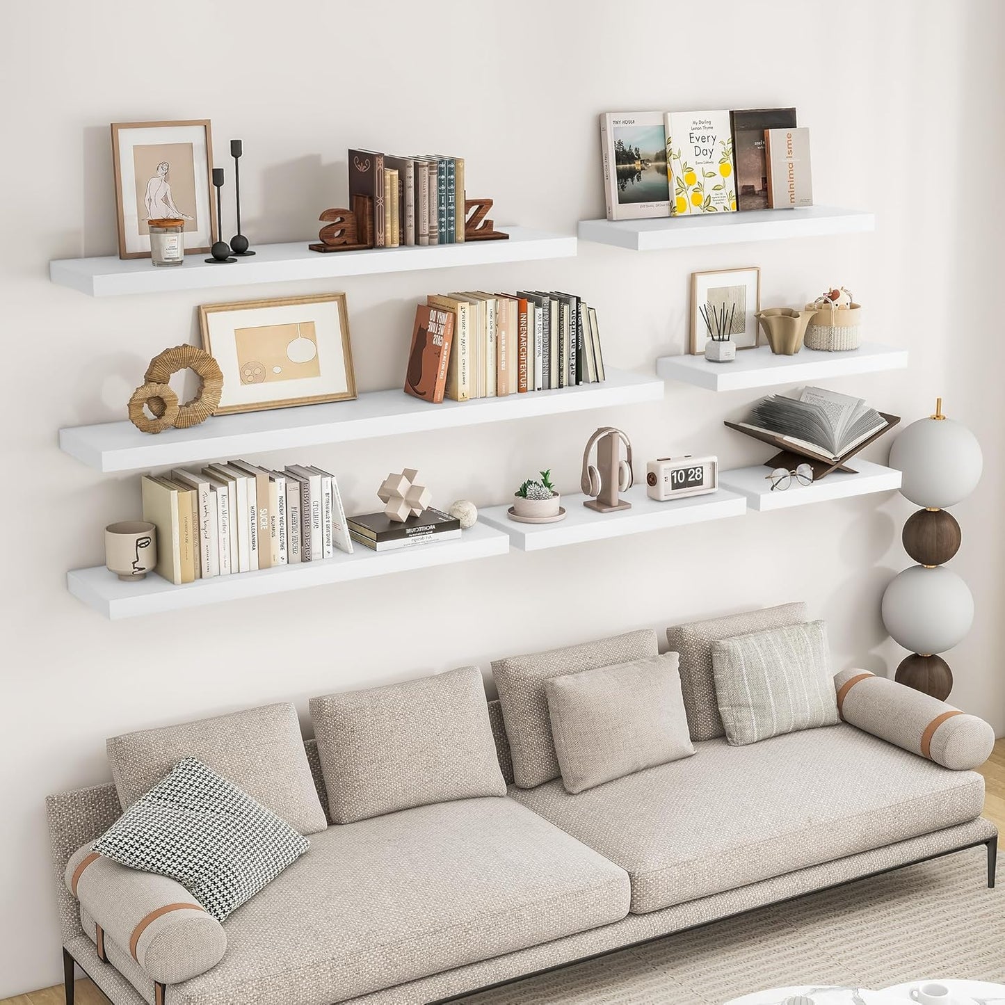 RICHFOCUS 72Inch Floating Shelves for Wall 2 Pack Shelves for Bedroom|Kitchen|Bathroom Wall Mounted Rustic Wood Floating Shelf with Invisible Brackets for Books|Storage|Decor, White