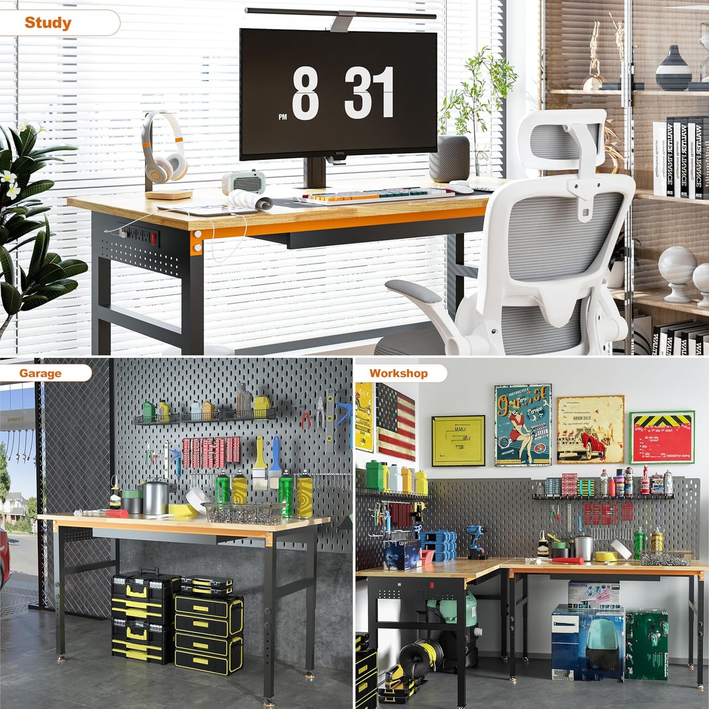 Betterhood 60" Adjustable Height Workbench, 2000 LBS Heavy Duty Work Table with Power Outlets & Pegboard, Rubber Wood Workstation for Garage, Workshop, Office, Home, Commercial