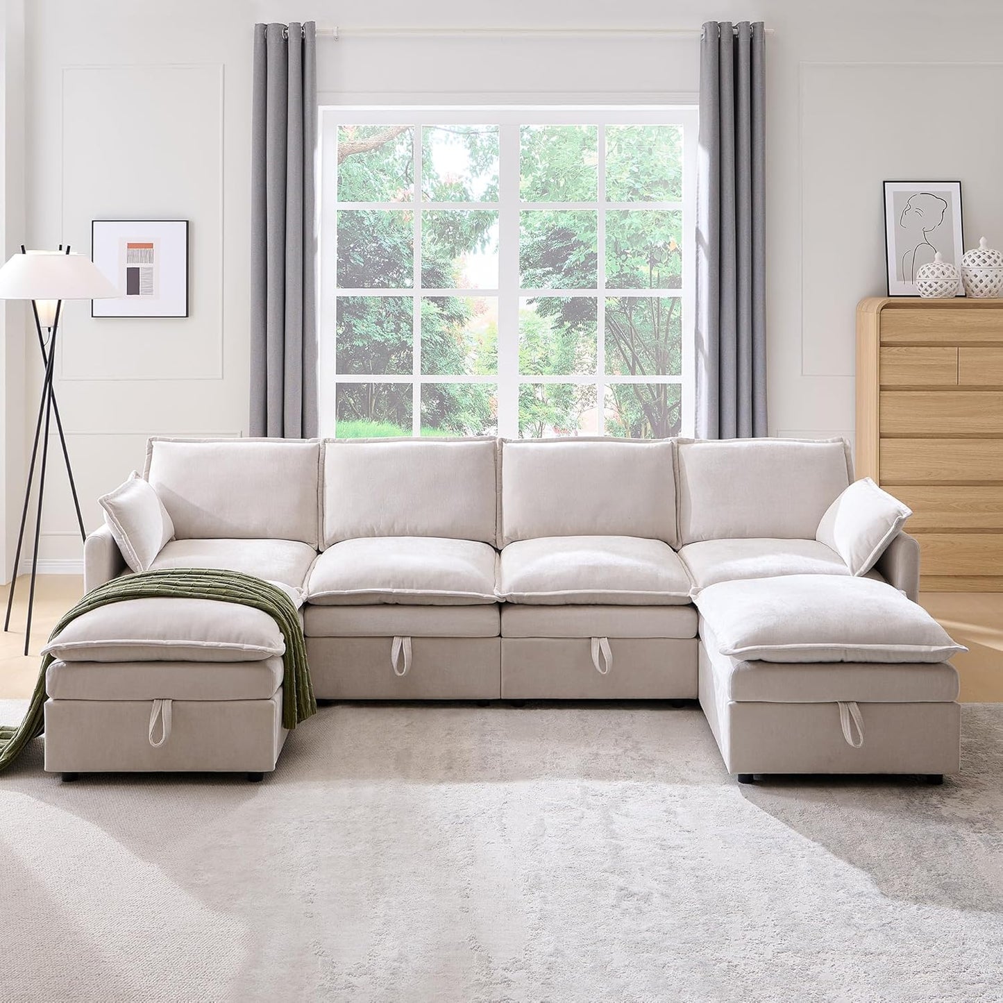 116.54" Sectional Couches for Living Room, Cloud Couch Sectional with Large Storage, U-Shape Modular Sectional Sofa with Ottoman,6 Seater Chenille Sofa with Pillow for Apartment, Bedroom, Beige