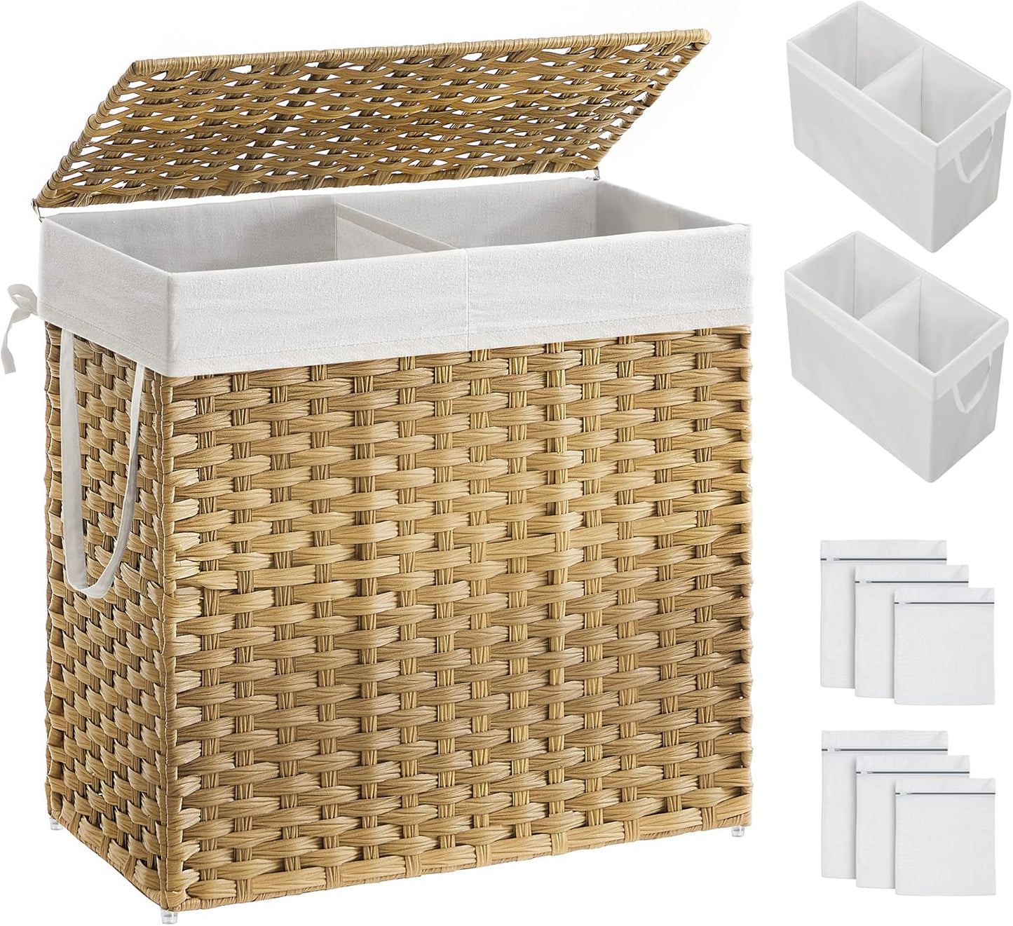 SONGMICS Laundry Hamper with Lid, 130L Clothes Hamper with 2 Removable Liner Bags, 6 Mesh Bags, Wicker Laundry Basket, Double Laundry Hamper for Bathroom, 13 x 26 x 23.6 Inches, Natural ULCB253N01