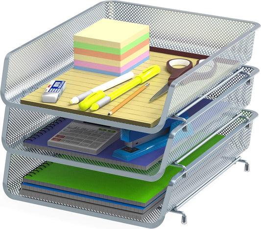 Simple Houseware Stackable Desk File Document Letter Tray Organizer, 3 Packs, Silver