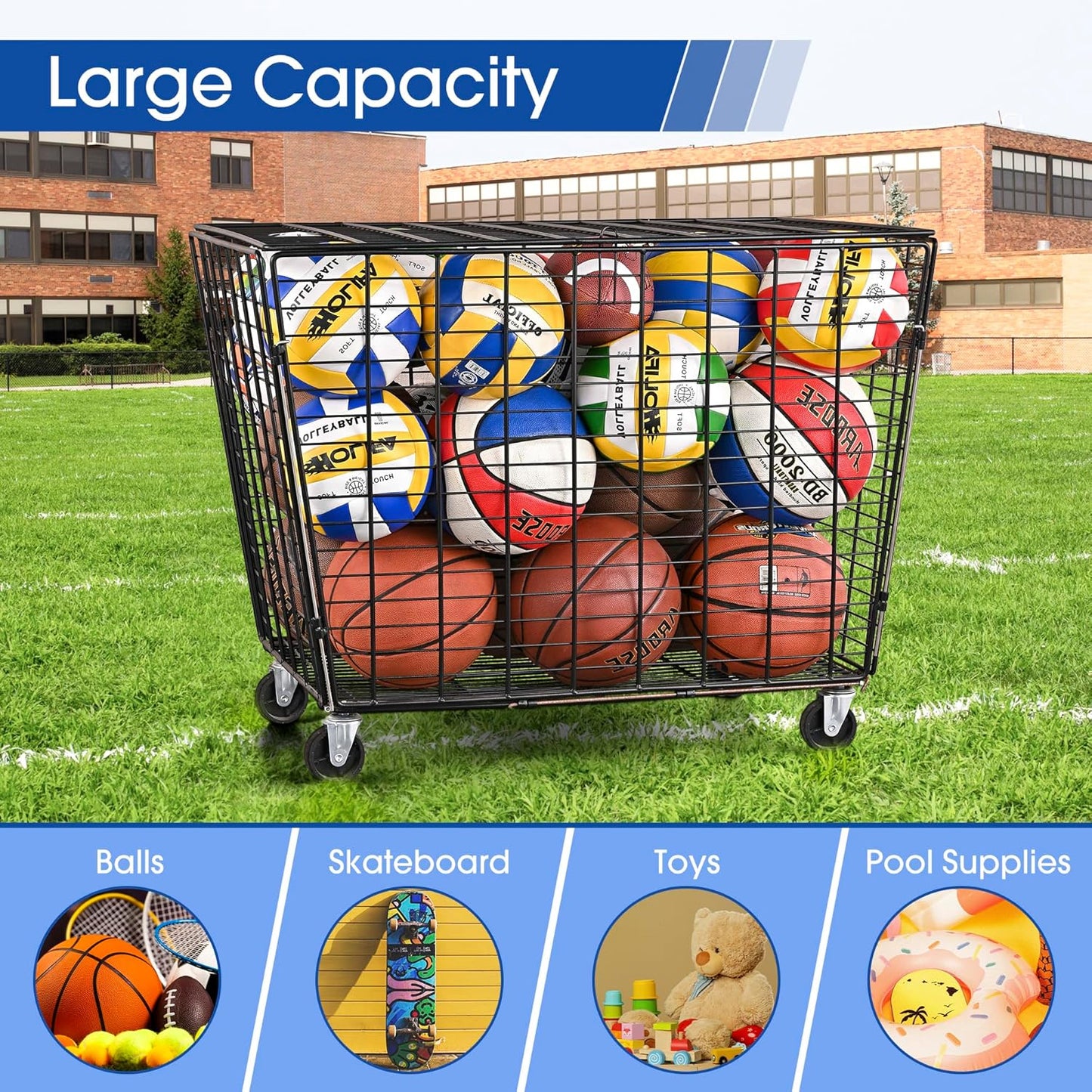 Mythinglogic Rolling Ball Storage Cart, Ball Storage Bin with Lockable Lid, Garage Organizer Made of Steel, Suitable for School Sport Equipment Storage