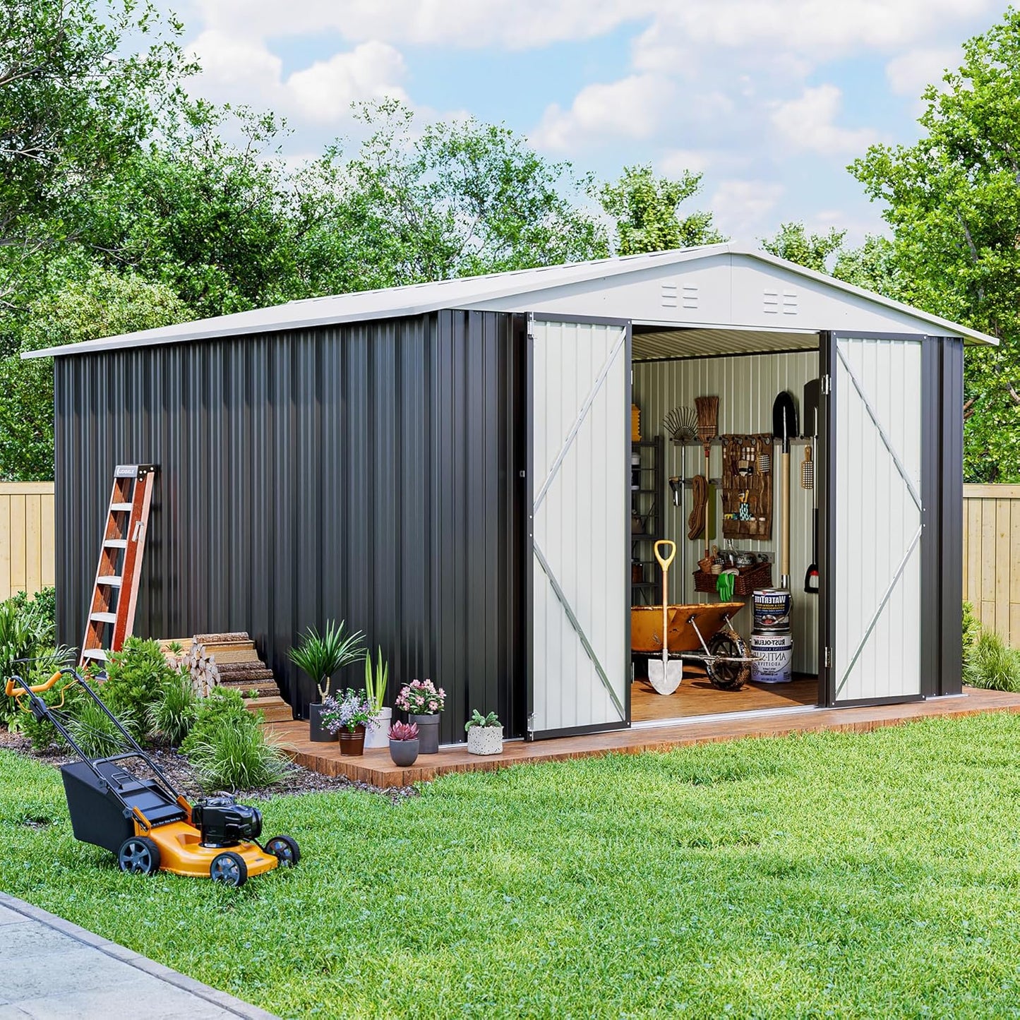 Polar Aurora 12x10 FT Outdoor Storage Shed, Metal Garden Shed with with Updated Frame Structure, Tool Sheds for Backyard Garden Patio Lawn, White
