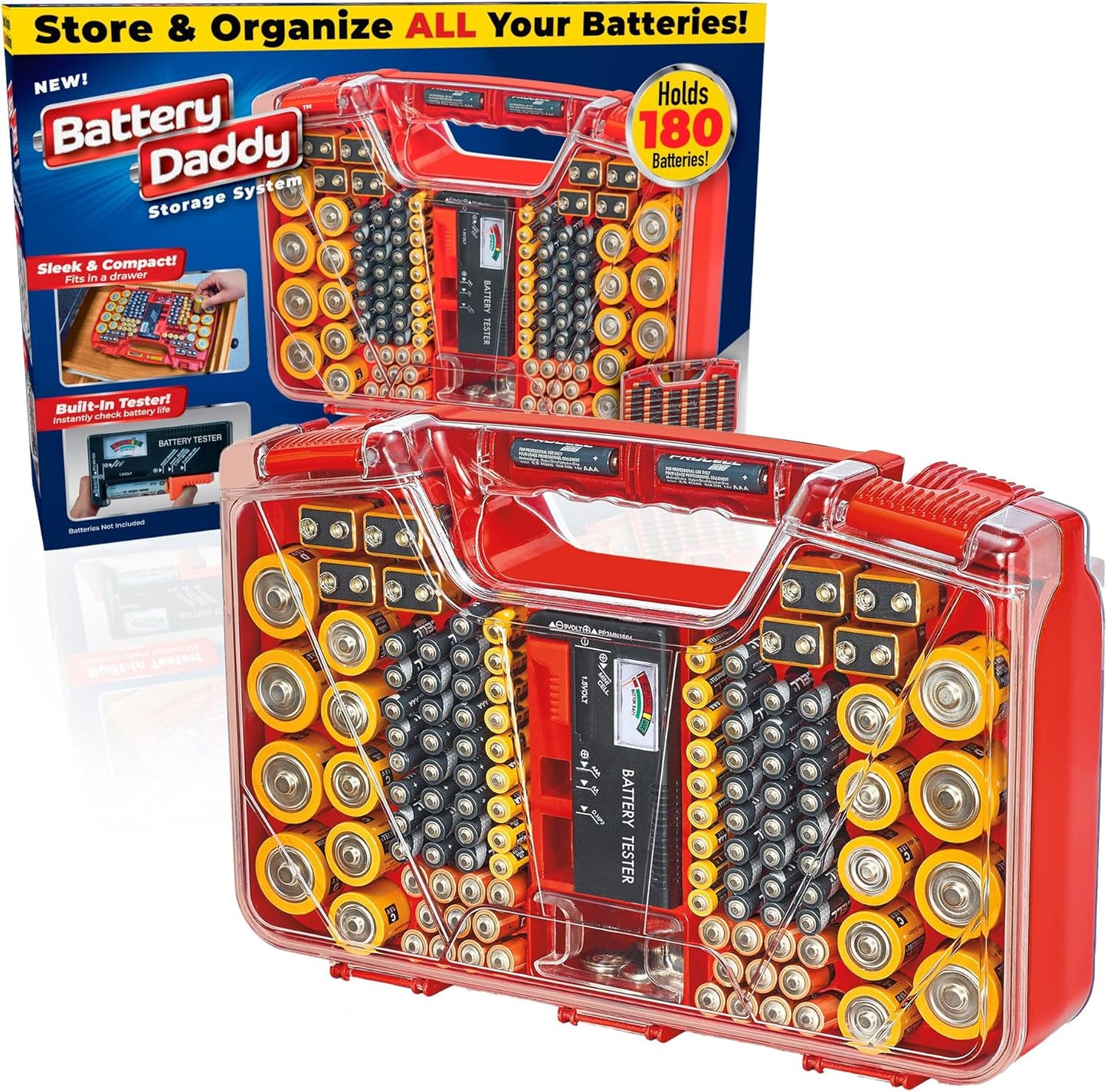 Ontel Battery Daddy Storage & Organizer Case with Tester, Stores & Protects Up to 180 Batteries, Double-Sided, Durable Design with Clear Locking Lid, Secure Latches & Portable Carrying Handle - Red