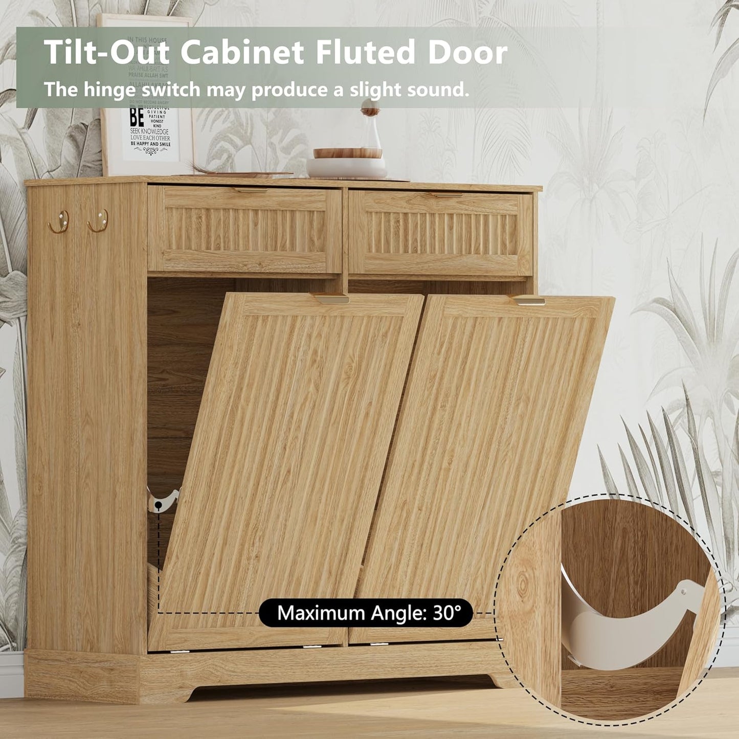 2 x 13 Gallons Double Tilt Out Trash Can Cabinet, Wooden Fluted Trash Garbage Can Cabinet with 2 Drawers, Hidden Laundry Hamper with Hooks for Kitchen Living Room, Natural Oak