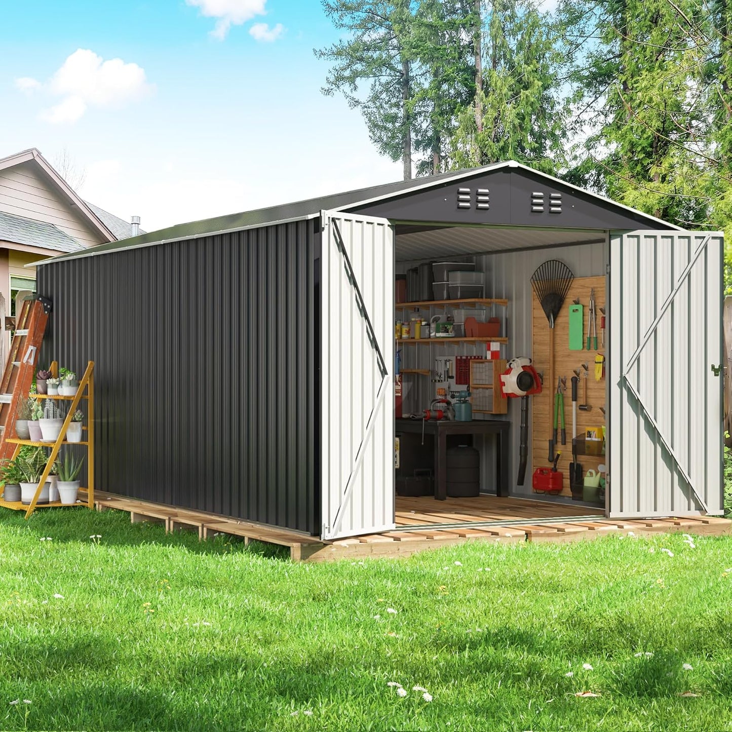 8x12 FT Outdoor Storage Shed, Garden Shed with Updated Frame Structure and Lockable Doors, Metal Tool Sheds for Backyard Garden Patio Lawn, Grey
