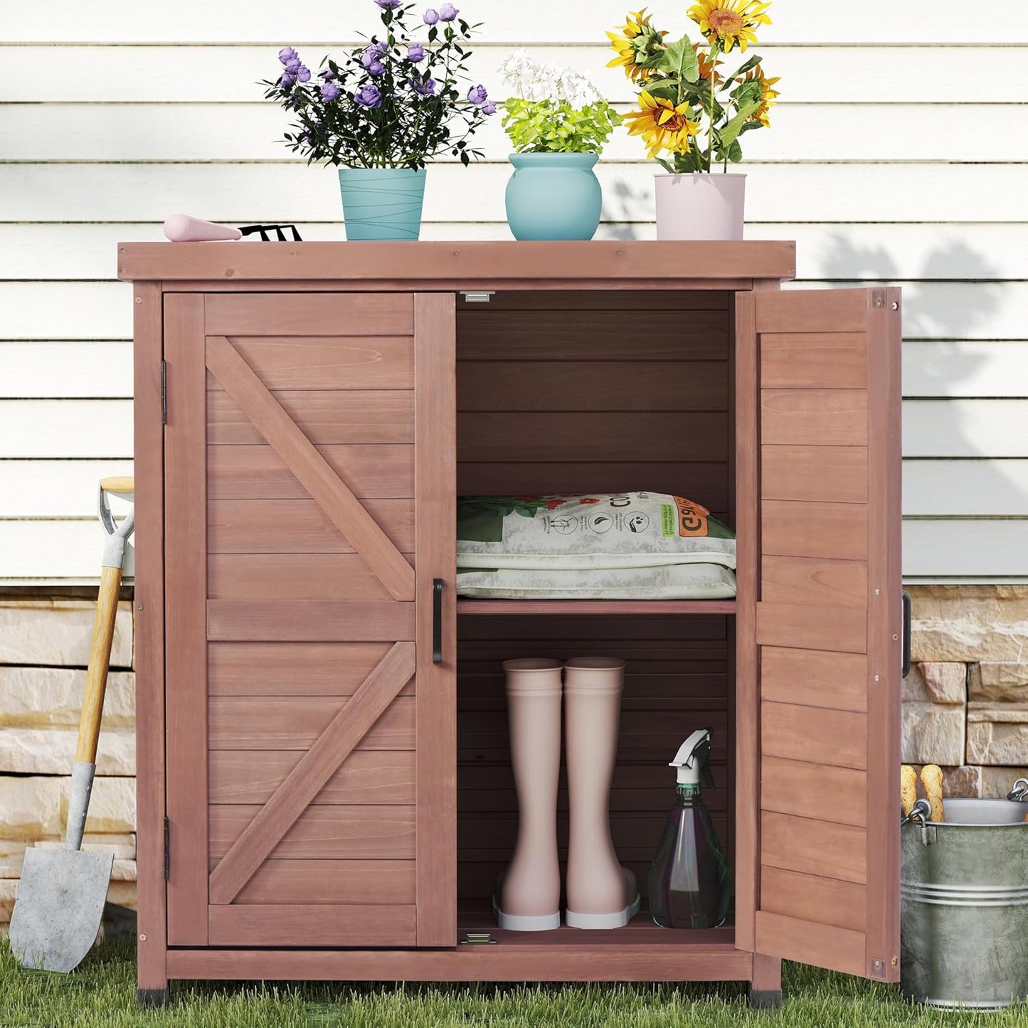 Outdoor Potting Bench with Storage Cabinet and Metal Top, Wood Workstation for Outdoor Patio, Garden (Coffee Brown, 31x17x36‘’)