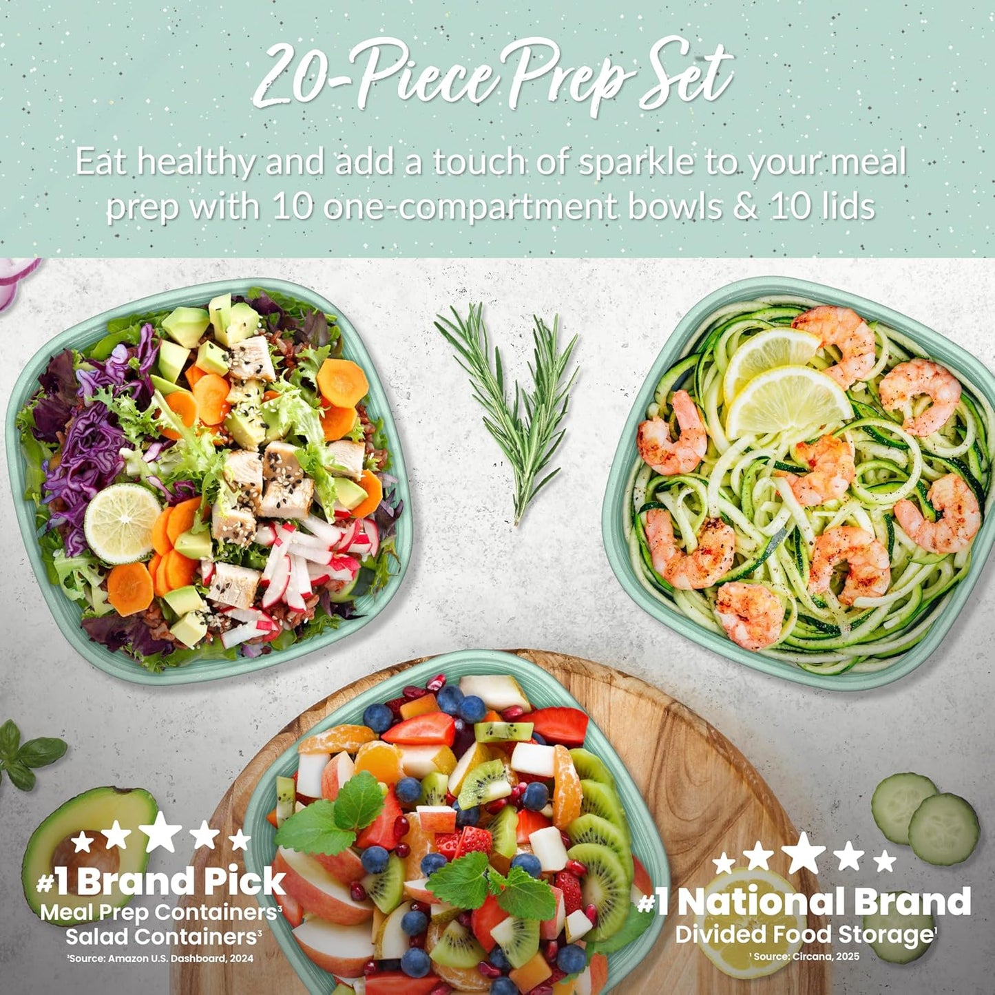 Bentgo Prep - 1-Compartment Bowls with Custom Fit Lids - Reusable, Microwaveable, Durable, PFAS & BPA-Free, Freezer and Dishwasher Safe Meal Prep Food Storage - 10 Bowls & 10 Lids (Sage Leaf Glitter)