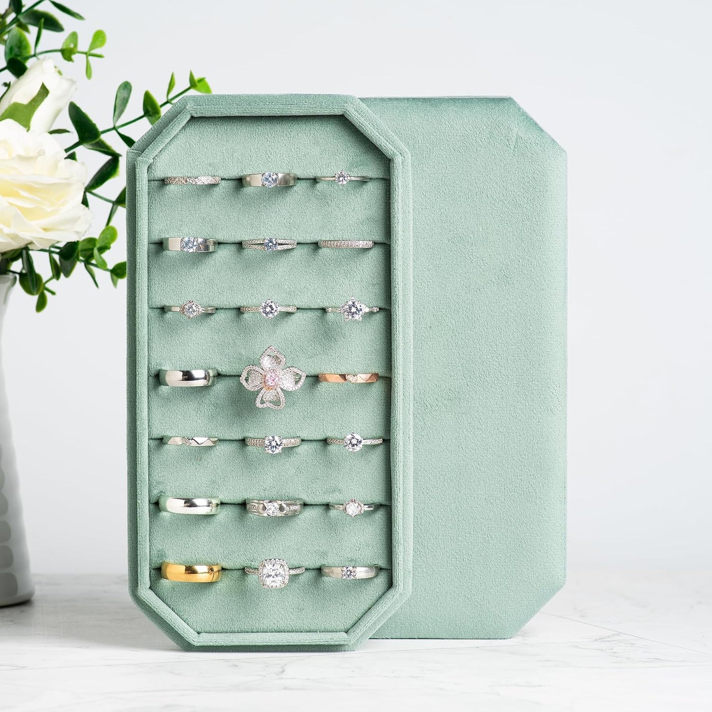 Velvet Ring Organizer Display Tray Jewelry Box Earring Holder Case for Wedding Birthday Christmas Day (Emerald Green)