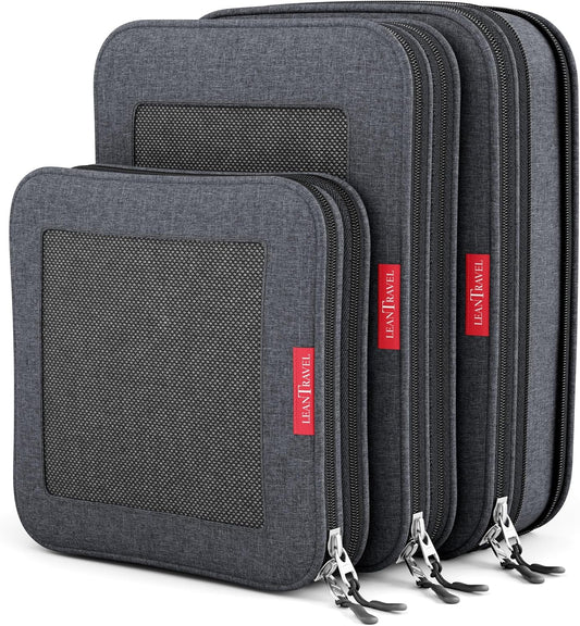 LeanTravel Compression Packing Cubes for Travel Organizers with Double Zipper (3-Pack (2L+1M), Black)