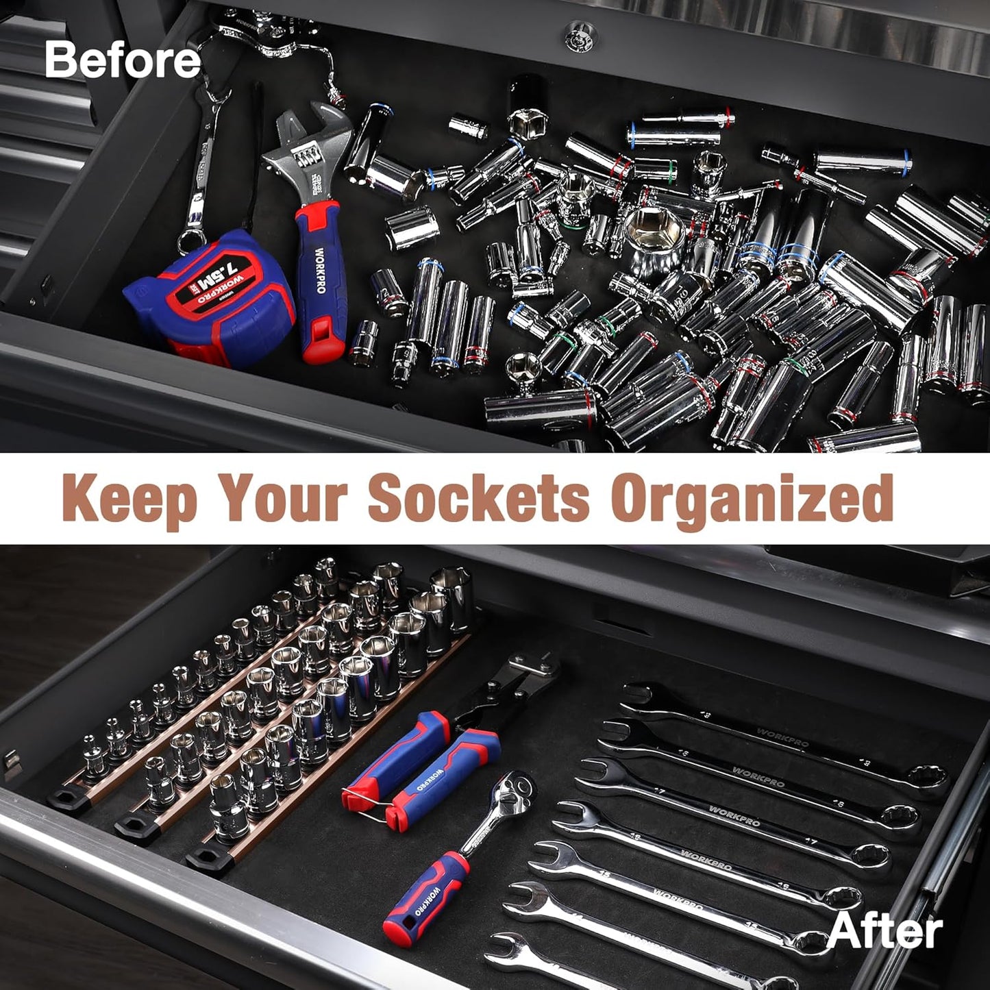 WORKPRO Magnetic Socket Organizer, 1/2-Inch Drive Aluminum Alloy Socket Rail, Heavy Duty Socket Holder, Socket Rack Kit 1/2-Inch x 10 Clips Champagne (Socket not Included)