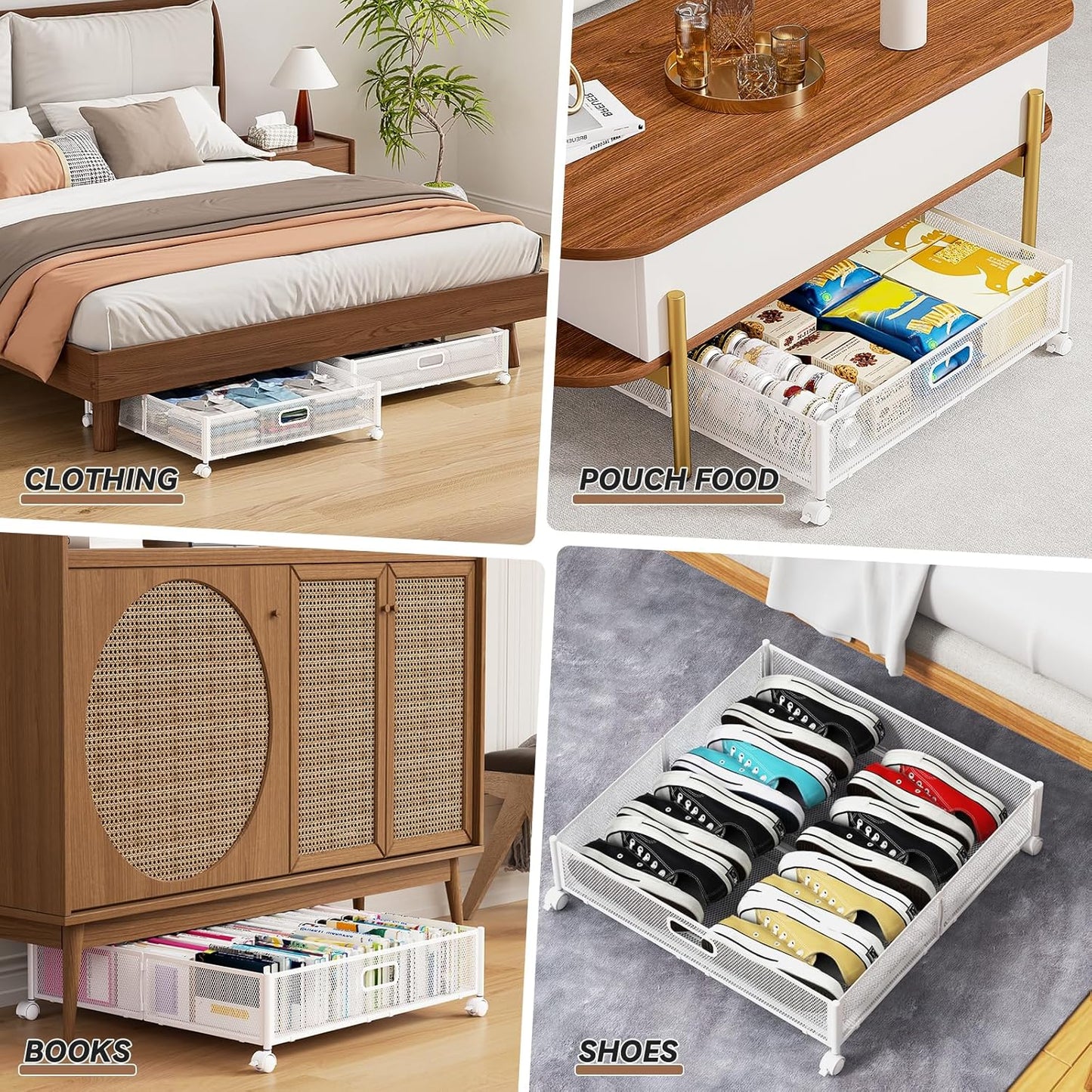 Under Bed Storage, Under the Bed Storage Containers with Wheels, Under Bed Shoe Storage Organizer Drawer, Tool-free Assembly Metal Underbed Storage Containers for Bedroom Clothes Shoes Blankets -4PCK