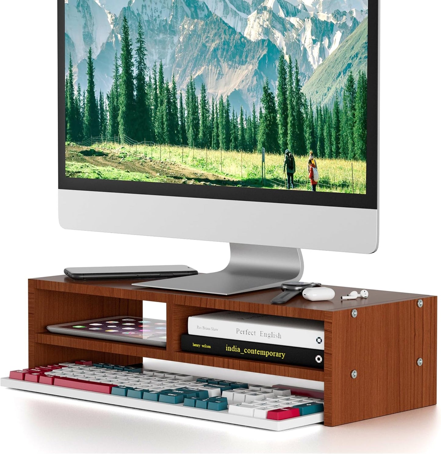 Monitor Stand Riser with Storage, 2 Tier Desk Organizer & Desktop Wood Shelf, Ergonomic Computer Stand for Laptop, PC & Printer, 16" Small TV Riser with 50 lbs Weight Capacity, Walnut Brown