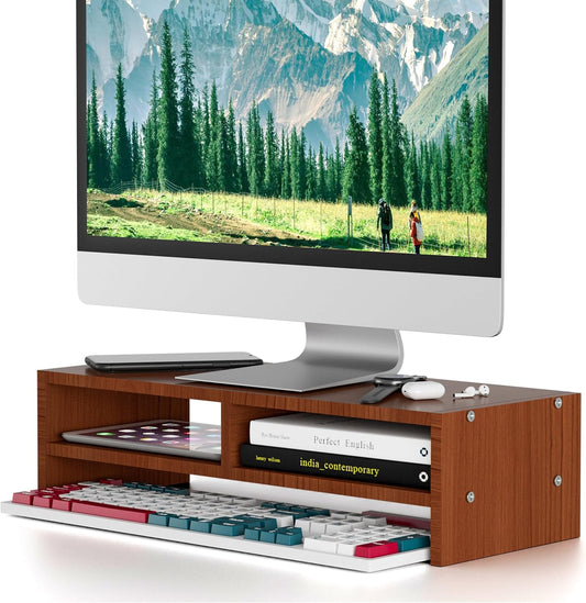 Monitor Stand Riser with Storage, 2 Tier Desk Organizer & Desktop Wood Shelf, Ergonomic Computer Stand for Laptop, PC & Printer, 16" Small TV Riser with 50 lbs Weight Capacity, Walnut Brown