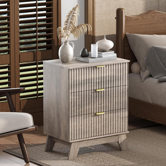 Grey Night Stand with 3 Drawers, Bedside Table & End Table, 24" Wide Mid Century Modern Fluted Wood Nightstand with Metal Handles, Farmhouse Night Stands for Bedroom, Gray