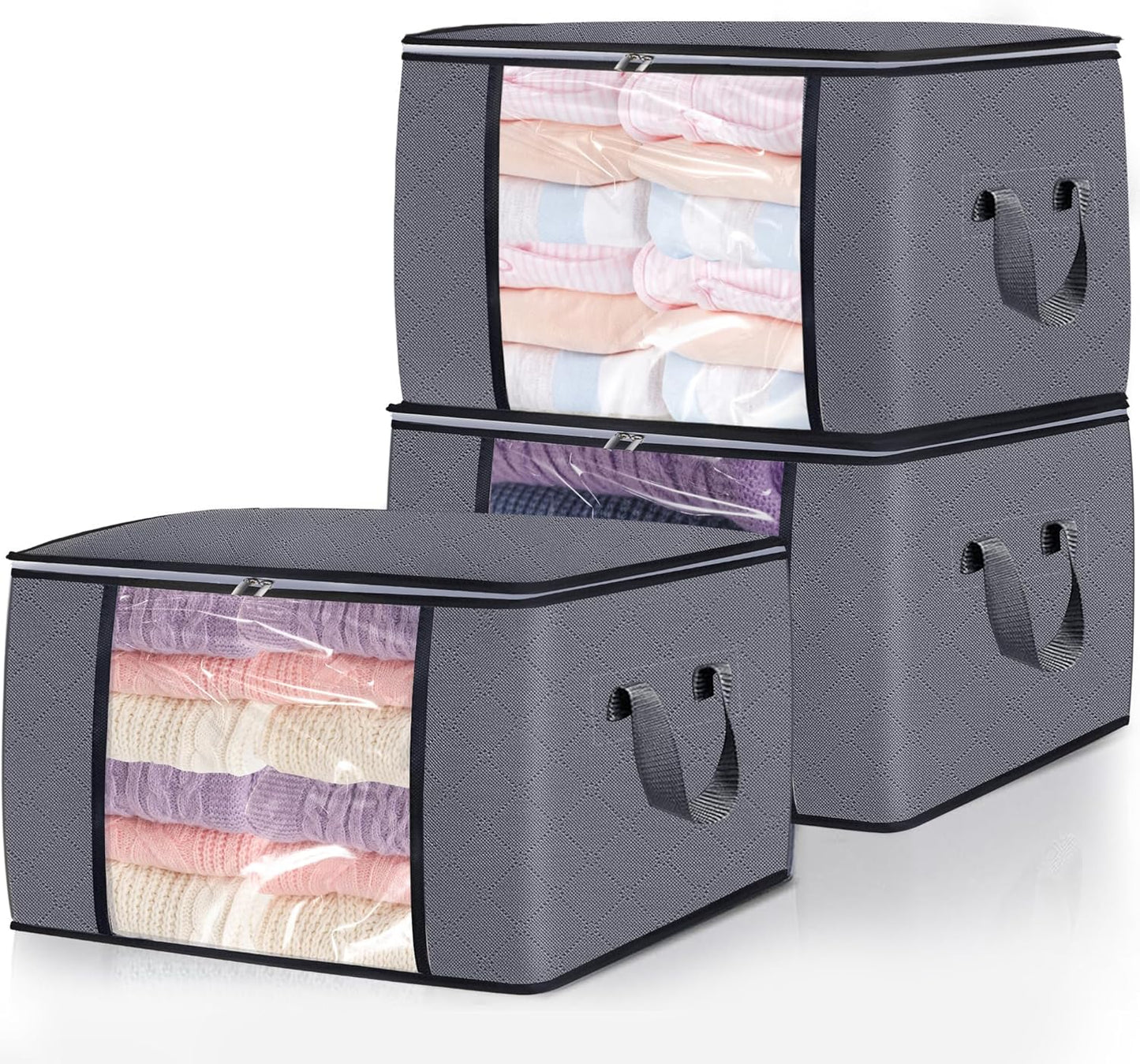 3 Pack Clothes Storage Bags, 90L Large Blanket Storage Bag Comforter Storage Bin with Reinforced Handle and Lid Foldable Closet Organizer and Storage Containers for Bedding Pillows Sheets and Duvet