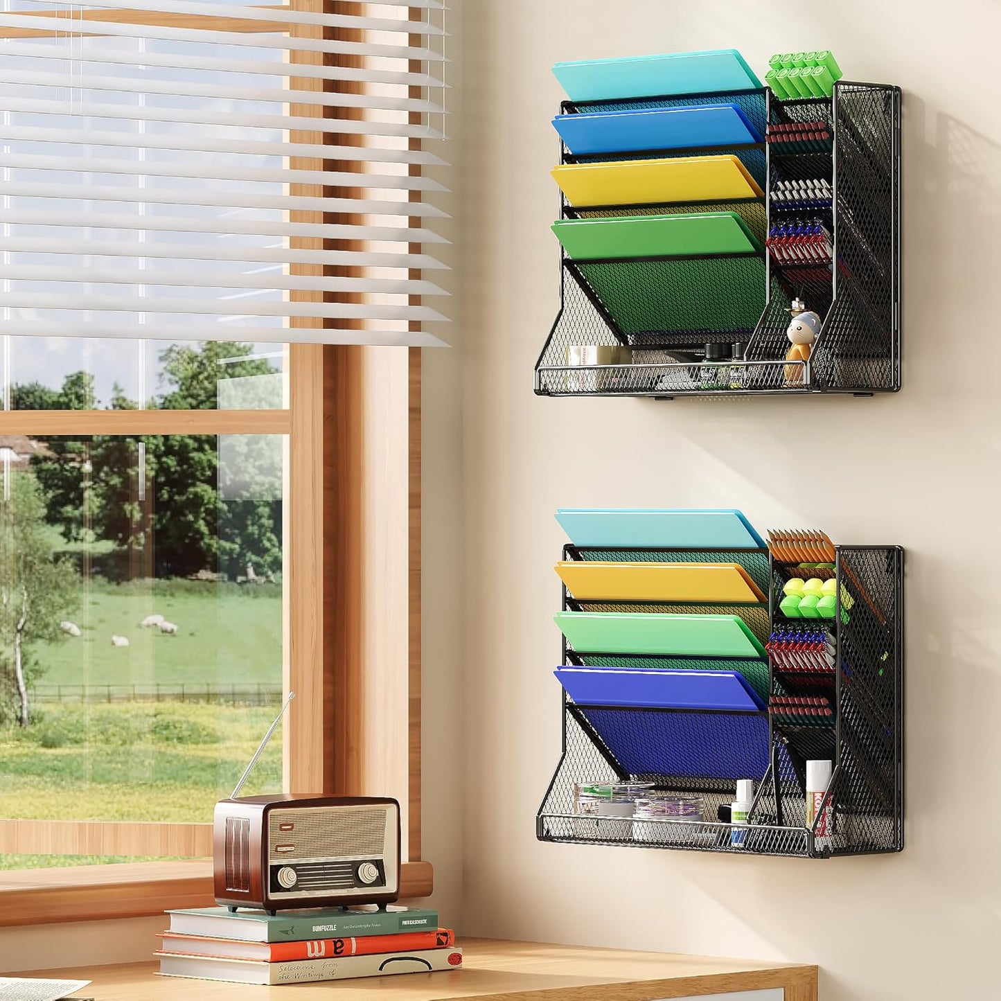 File Organizer Wall Mounted, 4 Tiers Durable Adjustable Metal Desk Organizer, Desktop Hanging File Holder with 4 Pen Slots Stable, 4 Pull-Out Divider for File, Mail, Black, Patent Pending