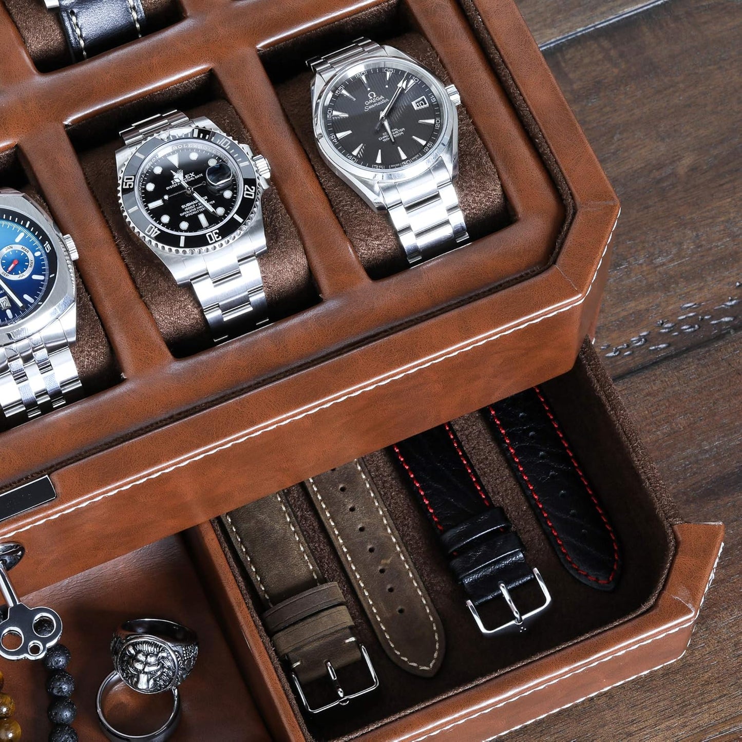 ROTHWELL 12 Slot Leather Watch Box with Valet Drawer - 12 Slot Luxury Watch Case Display Organizer, Microsuede Liner, Mens Accessories Holder, Jewelry Case, Jewelry Display Organizer (Tan/Brown)