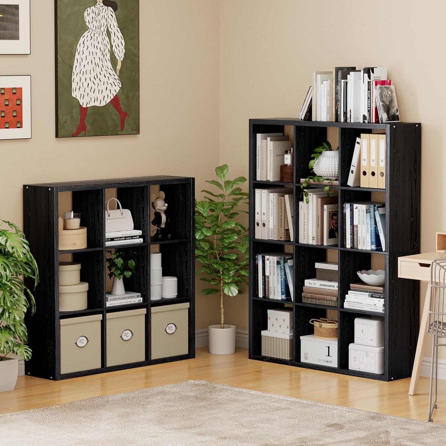 Cube Storage Organizer Bookcase, Decorative 11 inch Open Back Cubical Shelf with Thickened Border, Display Bookshelf for Living Room, Home Office, Sturdy Room (Black, 9 Cube)