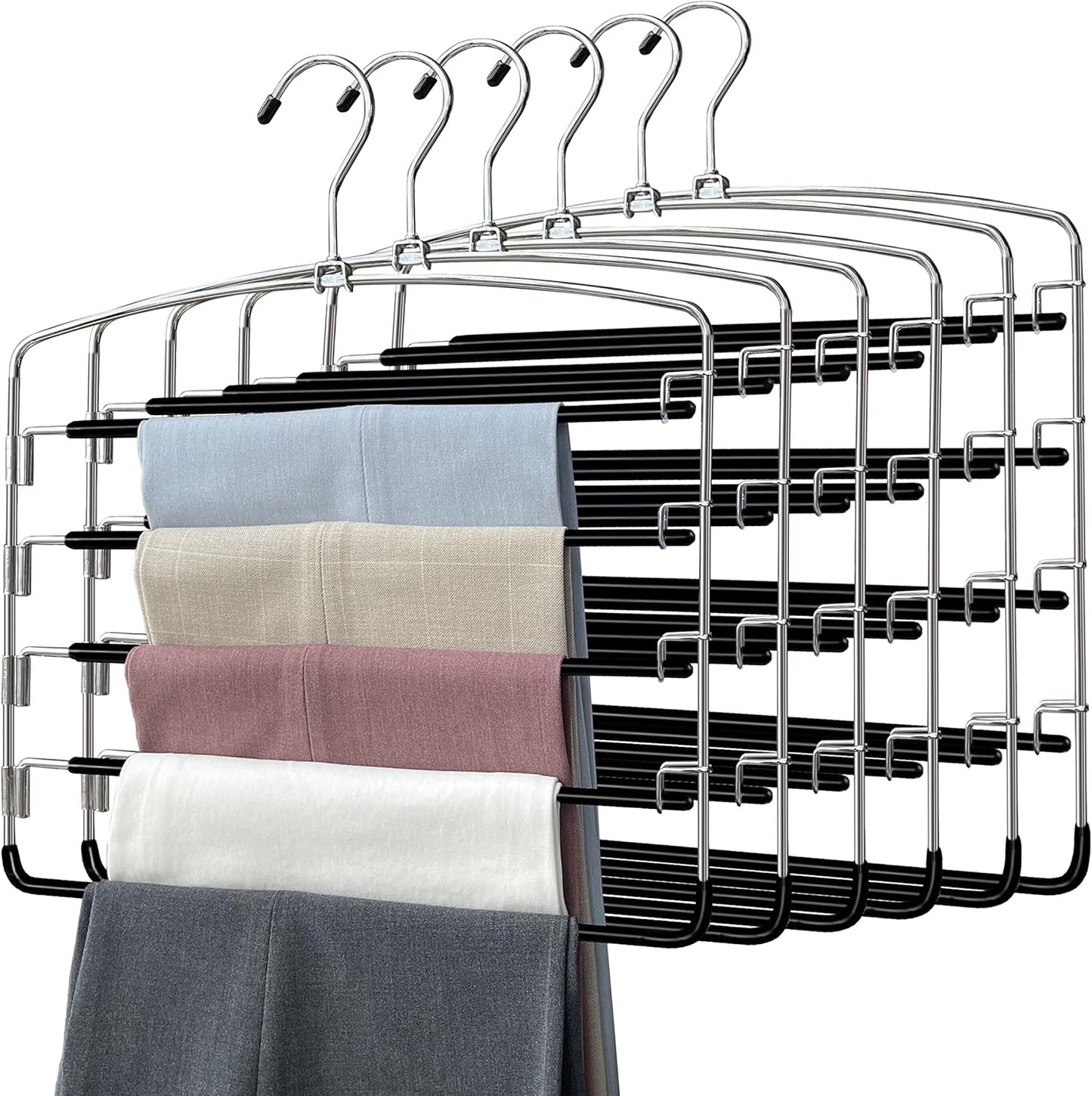 Pants Hangers 6 Pieces,5 Tier Closet Organizers and Storage Clothes Hangers,Hangers Space Saving with Swing Arm,Multiple Metal Hanger Clothes Organization for Pants Trousers Jeans Leggings Slacks